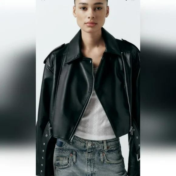 ZARA FAUX LEATHER CROP BIKER JACKET - Picture 8 of 10